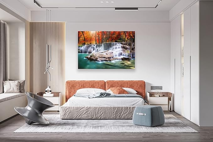 Aibonnly Wall Art Canvas Painting Red Forest Waterfalls 1 Piece Modern Landscape Tree Picture Poster Print Framed and Stretched Ready to Hang for Living Room Bedroom Kitchen Office Home Decor