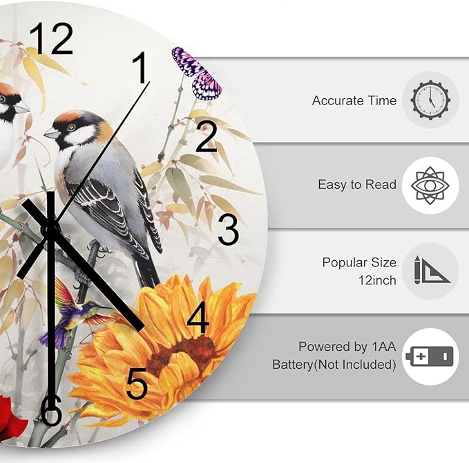 Bird Bamboo Forest Oriental Art Circular Wall Clock, Black Bamboo Forest Butterfly Love Bird Art Decoration, Colorful Butterfly Art Home Wooden Silent Wall Clock 12x12INCH