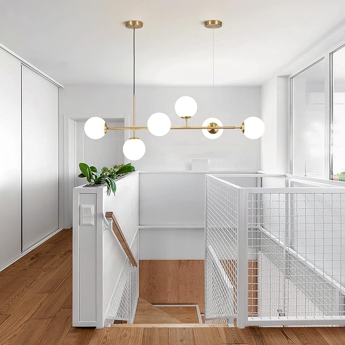 KCO Lighting Modern Globe Linear Chandelier 6 Light Milk Glass Chandeliers White and Gold Pendant Light Fixture Mid Century Rectangle Chandelier Brass Sputnik Island Lights for Kitchen