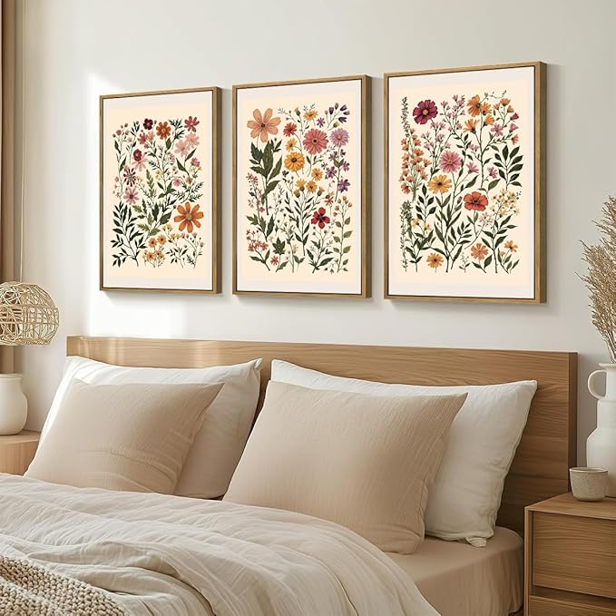 BINCUE Neutral Framed Wildflower Wall Art Set of 3 Colorful Floral Wall Decor Vintage Flower Art Prints Set of 3 for Living Room Bedroom Bathroom 16x24 Inches