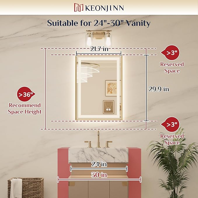 Keonjinn 22 x 30 Inch Black Bathroom Mirror with Frontlit & Backlit, LED Bathroom Mirrors for Over Sink, Shatter-Proof Tempered Glass, Metal Framed Beveled Edge, 3 Color Lights, Dimmable, Defogging