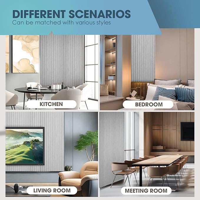 OUZUGIE WPC Acoustic Slat Wall Paneling, 8-Pack 114 x 6 Inches 3D Wall Panels for Interior Wall Decor,Living Room,TV Background,Study Room,Office Spaces,Bedroom,High Grille (Grey)