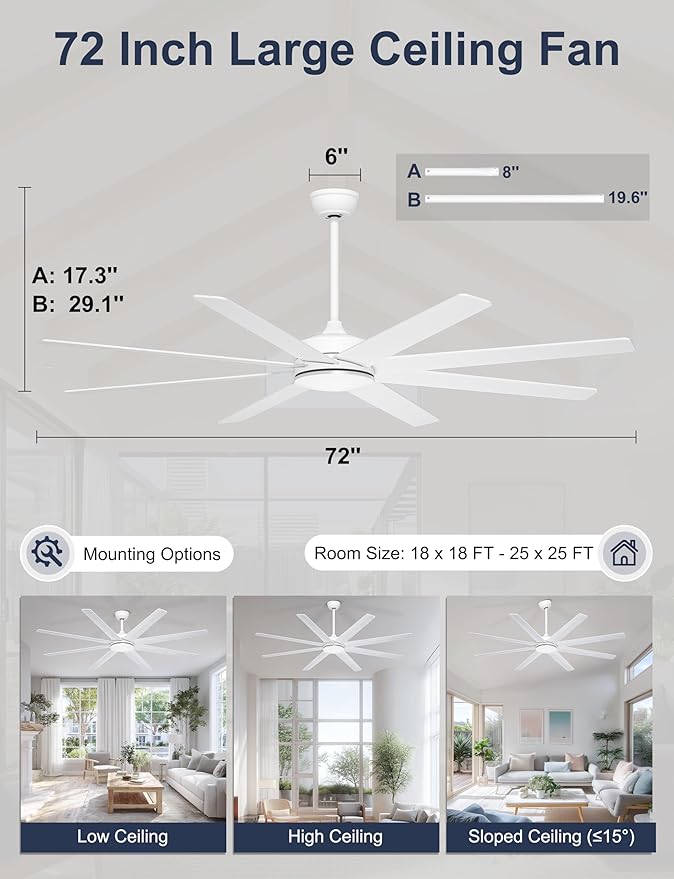 72 Inch Large Ceiling Fans Without Lights, 8 Blades White Ceiling Fan Remote/APP Control, Reversible Big Ceiling Fan for Shop Garage Living Rooms