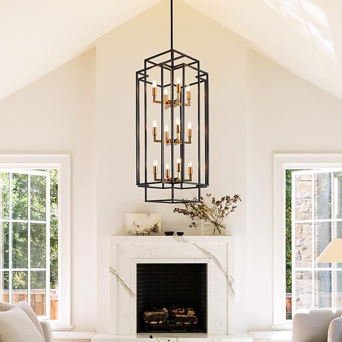 12-Light High Ceiling Chandeliers for Entryway, Black and Gold Large Pendant Light, Farmhouse Foyer Lighting Fixtures for Staircase Entry Dinning Room Kitchen Island