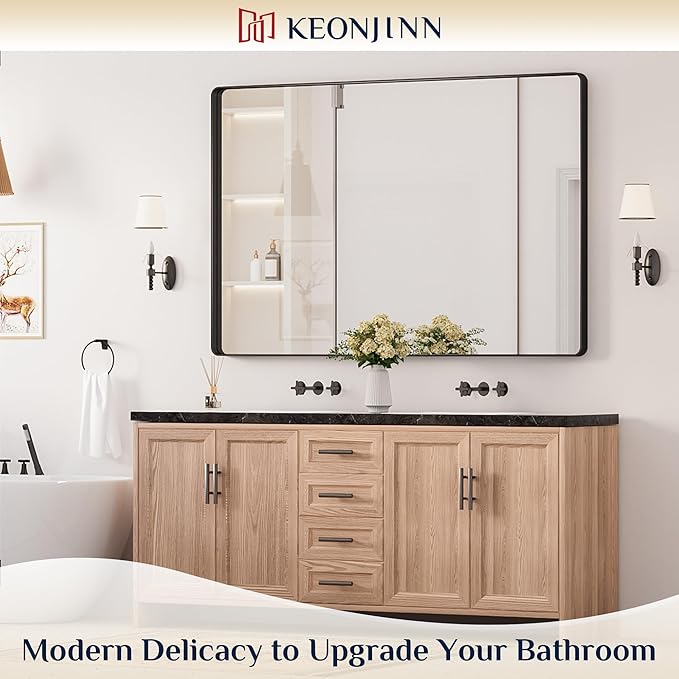 Keonjinn Black Bathroom Mirror for Over Sink, 60 x 40 Inch Large Rounded Rectangle Bathroom Vanity Mirror, Matte Black Farmhouse Wall Mirror, HD Tempered Glass, Seamless Aluminum Alloy Frame Mirror
