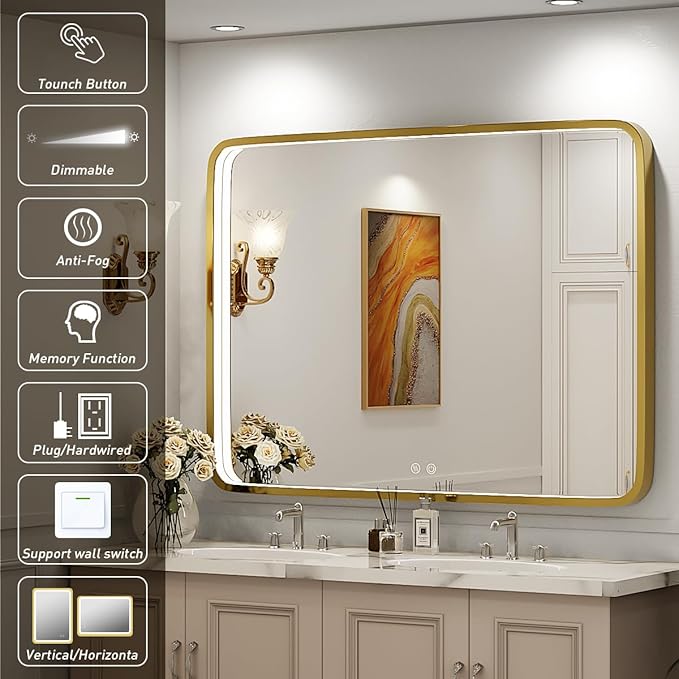 40x30 Inch LED Bathroom Mirror with Lights,Gold Metal Frame Lighted Vanity Mirror, Anti Fog Design&Dimmable&Touch Switch, Wall Mounted Rectangle Mirror (Horizontal&Vertical)