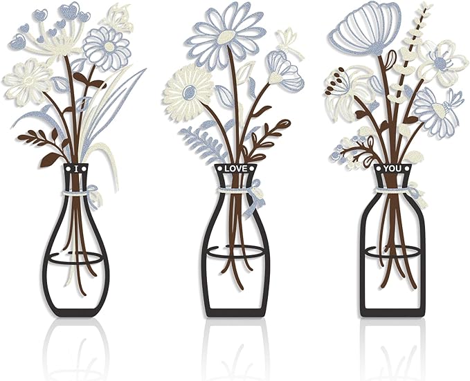 3 Pieces Metal Flowers Wall Art Decor, House Minimalist Bathroom Wall Decors Sculptures for Living Room Dining Room Bedroom Housewarming Gifts