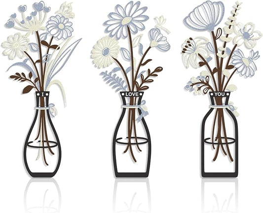 3 Pieces Metal Flowers Wall Art Decor, House Minimalist Bathroom Wall Decors Sculptures for Living Room Dining Room Bedroom Housewarming Gifts