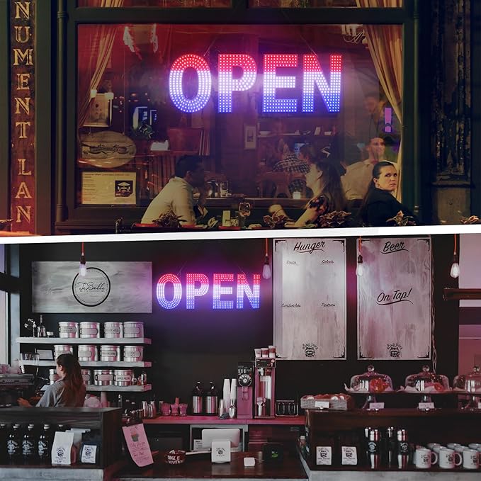 LED Open Signs for Business, 30"x10" Dimmable Brightness Large Electric Light Up Sign, Hanging Installation for Store Restaurant Office Bar Hotel Salon (Red&White&Blue)