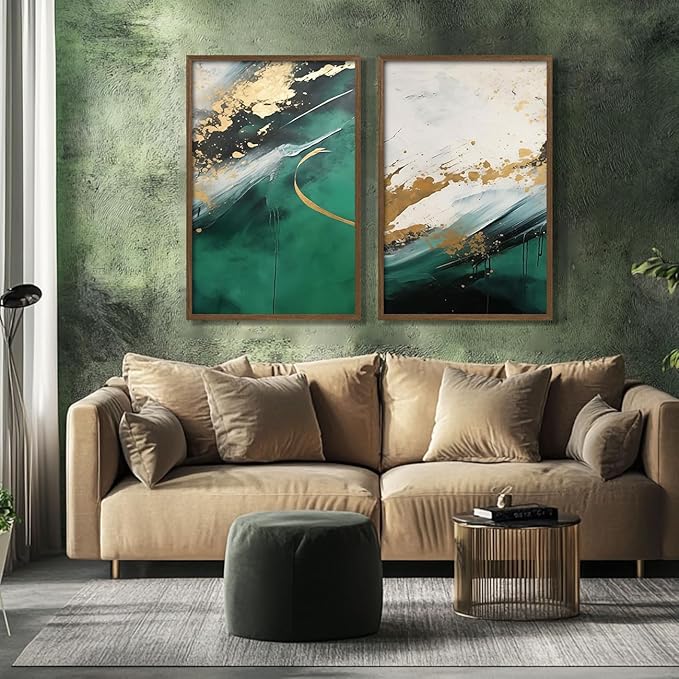 2pcs Wood Framed Green Abstract Canvas Wall Art - Abstract Green Gold Fluid Artwork - Modern Green Gold Abstract Prints Posters - Living Room Bedroom Decorative Paintings Gallery Style Wall Hanging Pictures
