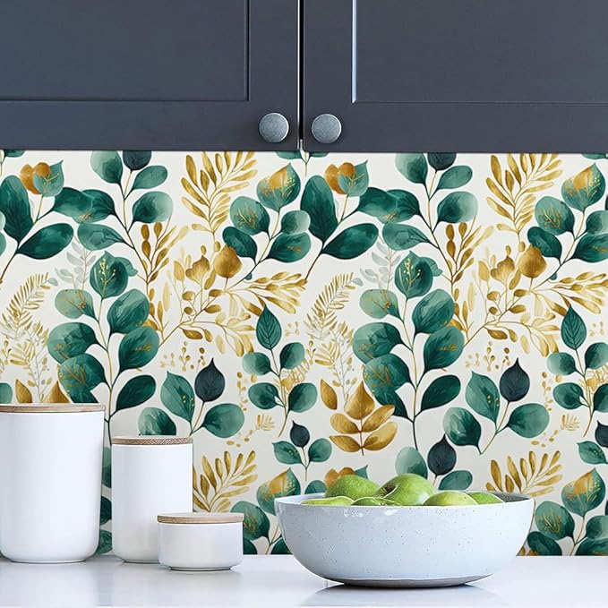 Modern Watercolor Green Golden White Plants Leaf Botanical Peel and Stick Wallpaper Wall Decor Self Adhesive Wall Paper Stick on Easy Peel Off Contact for Renter Apartment