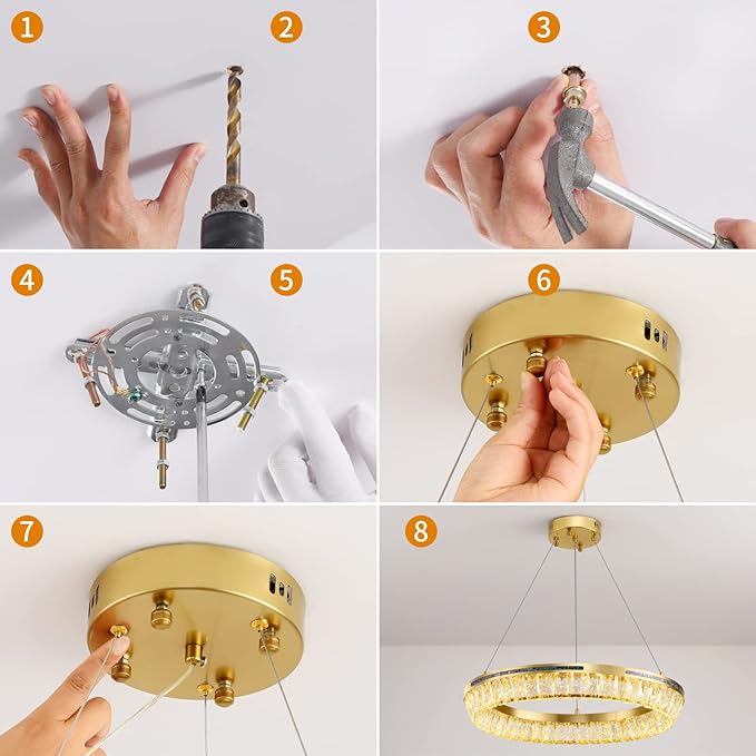 Modern LED Crystal Chandelier Brass Round Dimmable Gold Chandelier Light Fixture 3 Colors Pendant Ceiling Light for Dining Room Living Room Kitchen Island Entryway Foyer Bedroom Bathroom D22''