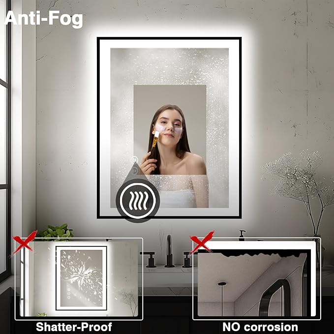 28x32 LED Bathroom Mirror - Black Aluminum Framed, Front & Backlit, Anti-Fog, Dimmable, Plugin/Hardwired