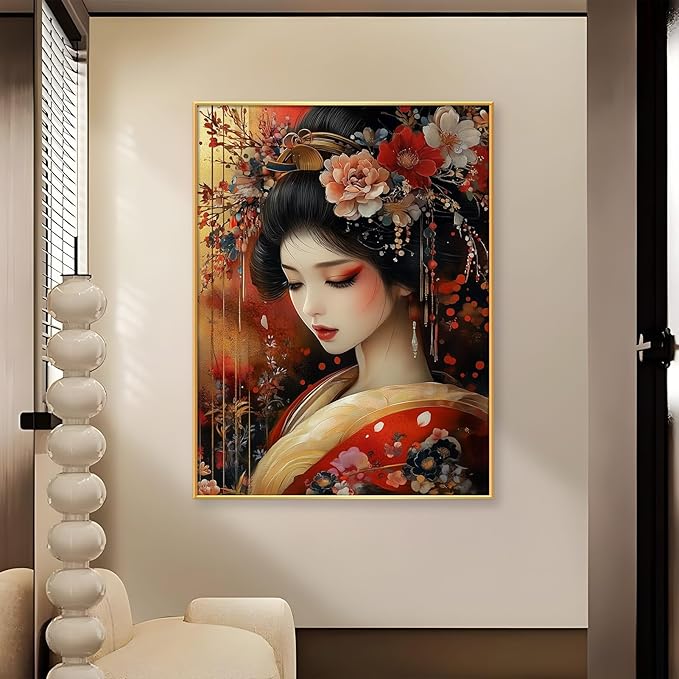 Japanese Geisha Canvas Wall Art, Geisha Girl Canvas Print, Gold Red Floral Kimono Canvas Art, Geisha Wall Art, Luxury Zen Wall Art, Asian Poster, Traditional Living Room Wall Art (Black Framed, 24"x32" | 61x81cm)