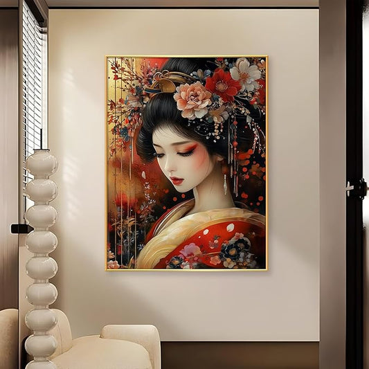 Japanese Geisha Canvas Wall Art, Geisha Girl Canvas Print, Gold Red Floral Kimono Canvas Art, Geisha Wall Art, Luxury Zen Wall Art, Asian Poster, Traditional Living Room Wall Art (Gold Framed, 18"x24" | 46x61cm)