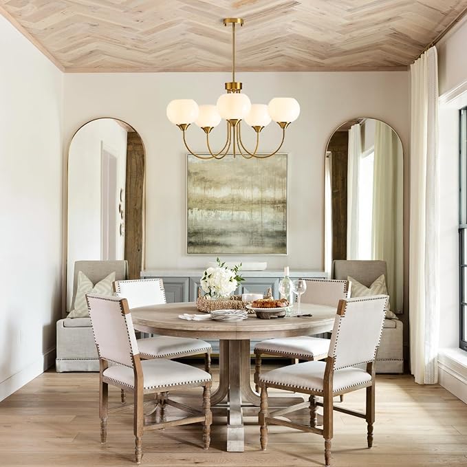 Modern Globe Chandelier 5 Light Mid Century White Milk Glass Vintage Sputnik Hanging Chandeliers Gold Pendant Light Fixtures for Dining Room Kitchen Living Room Bedroom