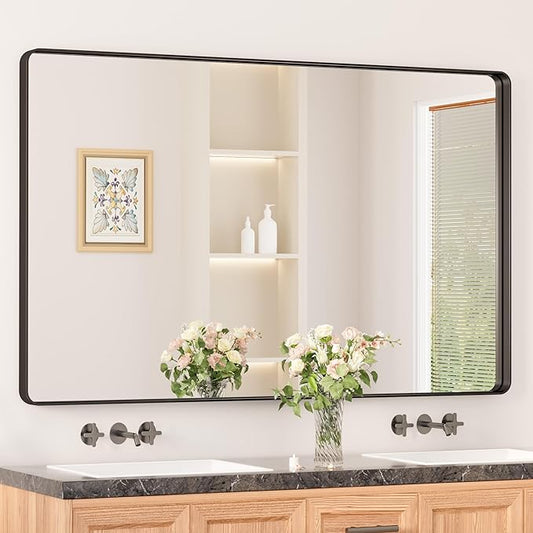 Keonjinn Black Bathroom Mirrors for Over Sink, 48” x 30” Large Rounded Rectangle Bathroom Vanity Mirror, Matte Black Modern Decorative Wall Mirror, Anti-Rust, HD Tempered Glass(Horizontal/Vertical)
