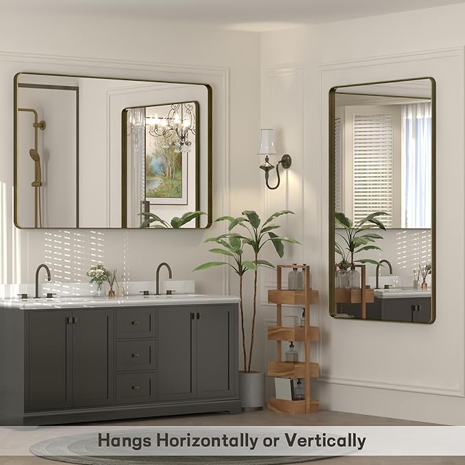 55x36 Bronze Framed Bathroom Mirror, Rectangle Brushed Bronze Metal Vanity Mirror, Large Modern Mirror for Wall, Rounded Corner, Tempered Glass, Anti-Rust, Shatterproof (Horizontal/Vertical)