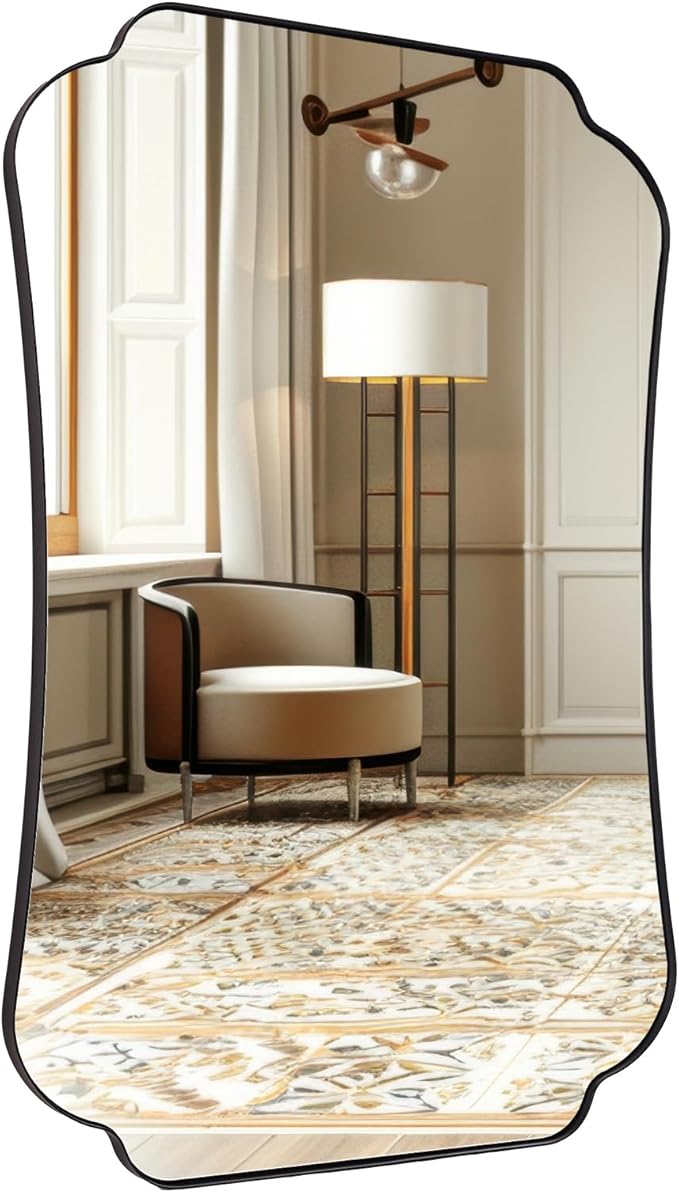 ANDY STAR Bathroom Vanity Mirror, 24x32 Matte Black Rectangle Mirror with Scalloped Round Corner, Vintage Asymmetrical Metal Wall Mirror for Entryway, Living Room