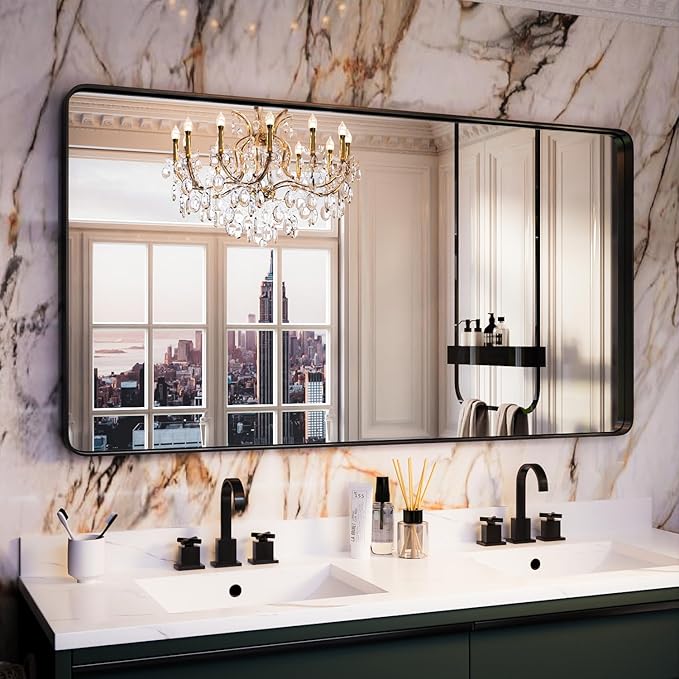 Black Bathroom Mirror for Wall, 55x30 Inch Matte Black Framed Bathroom Vanity Mirror for Farmhouse Living Room Bedroom, Anti-Rust, Tempered Glass, Rounded Corner Horizontal/Vertical