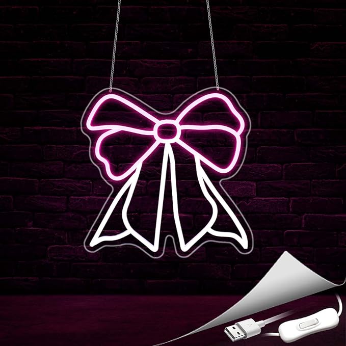 Bow Neon Sign, Neon Signs for Wall Decor Neon White Pink LED Signs Room Neon Light Up Signs Home Decor for Bedroom Club Party Bar Shop USB Operated