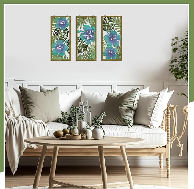 3 Pcs Tropical Wall Decor 3d Wooden Palm Leaf Wall Art Monstera Sculptures Wood Hibiscus Flowers Hanging Decor Vintage Plant Plaque for Home Bathroom 7.09 x 15.75 Inch(Fresh Style)