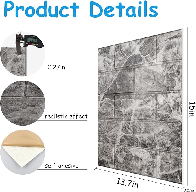 3D Wall Panels Peel and Stick in Grey White，20 PCS XPE Foam 3D Wallpaper, Faux Brick Wall Panels for Bedroom, Stairs, Kitchen