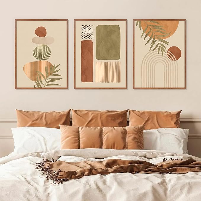 LHIUEM Mid Century Modern Decor Neutral Canvas Wall Art Set of 3(12”X16”) Large Geometric Pictures Boho Art Prints Bohemian Framed Decor Midcentury Modern Wall Art for Dining Room Living Room Bedroom