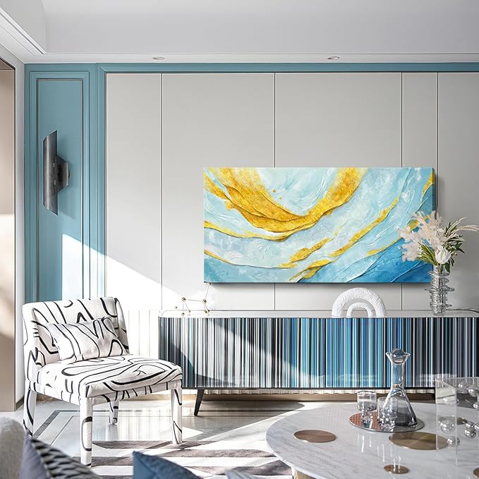Nicetop Modern Large Abstract Wall Art – Blue and Yellow Flowing Lines Canvas Prints Contemporary Coastal Artwork Horizontal Decorative Wall Picture for Living Room Bedroom Home Office Decor 48x24 Inch