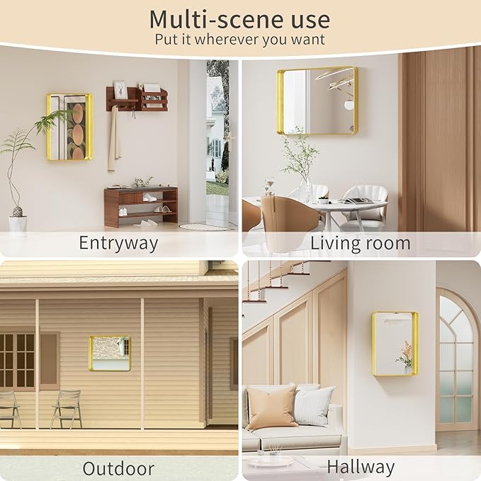 Koonmi Bathroom Mirror 22x30 Inch Wall Mounted Mirror Metal Deep Framed Rounded Corner Wall Mirror, Shatterproof Tempered Glass for Farmhouse Bedroom Vanity, Vertically or Horizontally, Gold