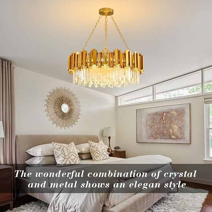 Modern Gold Crystal Chandelier Hanging Ceiling Light Fixture 12 Lights Round Crystal Chandeliers for Dining Room Pendant Light Fixture Crystal Chandeliers Living Room Bedroom Entryway W29in