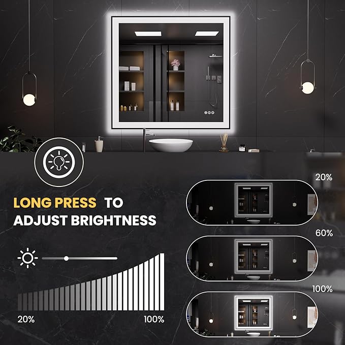 LOAAO 40"X38" LED Bathroom Mirror Black Framed, Anti-Fog, Dimmable, Lighted Bathroom Vanity Mirror for Wall, Memory Function, Tempered Glass