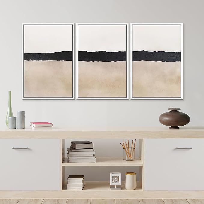 MUDECOR Framed Wall Art Print Set Minimalist Abstract Black Horizontal Brushstroke Illustrations Modern Art Boho Decorative Colorful Chic for Living Room, Bedroom, Office - 24"x36"x3 White