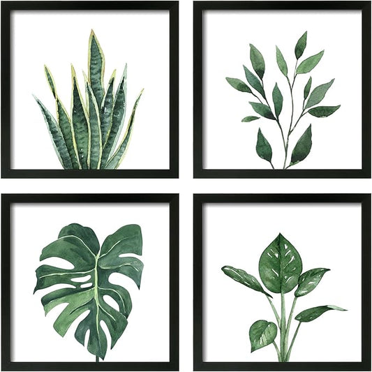 ArtbyHannah Framed Bathroom Wall Decor, Botanical Wall Art with Sage Green Plant Print for Bedroom Decoration, Minimalist Restroom Decor(Black, 8x8 Inch)