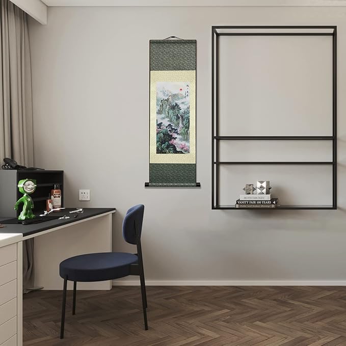 AtfArt Asian Wall Decor - Beautiful Silk Scroll Painting of Waterfall River Landscape - Rising Sun East Rises Oriental Decor - Chinese Art Wall Scroll Hanging (36.2x12 in)