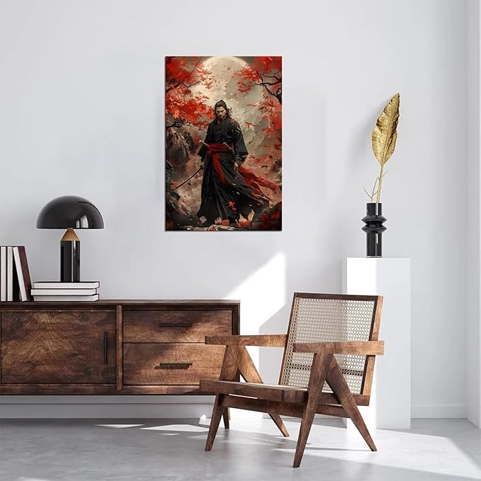 Oriental Samurai Wall Art Black and Red Warrior Wall Decor Canvas Prints Warrior Figure Pictures Bushido Posters Artwork Framed for Living Room Bathroom Bedroom Office (18''W x 24''H)