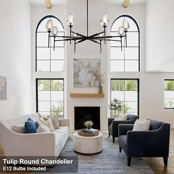 Modern Crystal Tulip Chandelier 8 Lights Black, 54in Gold Round K9 Crystal Chandelier,Pendant Ceiling Light for Dining Living Room Bedroom Entryway, E12 Bulbs Included