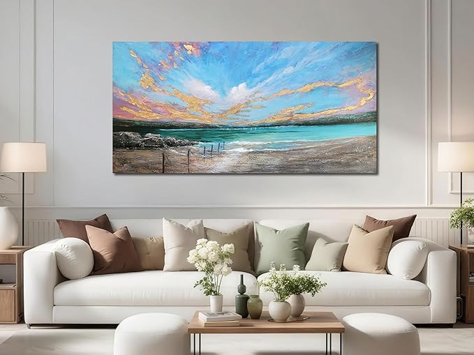 Arjun Ocean Teal Wall Art Canvas Coastal Beach Painting Blue Turquoise Landscape Sunset Picture, Panoramic Gold Foil Textured Large Artwork Framed for Living Room Bedroom Bathroom Wall Decor 48"x24"