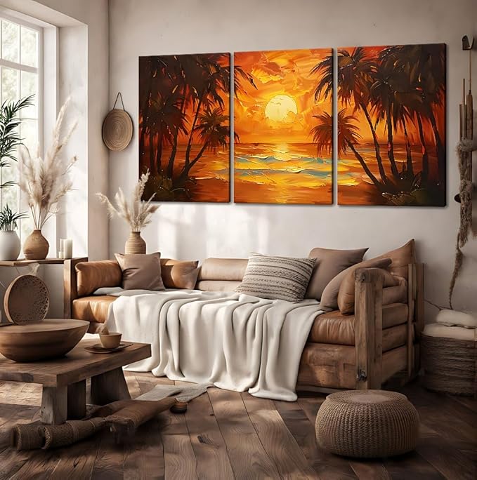 MAMAGO 3 pieces Sunset Landscape Wall Art Large Coastline Coconut Trees Oil Painting Print Modern Beach Poster Hallway Bathroom Office Apartment Decor Framed Easy to Hang-24”W x 36”Hx3pcs