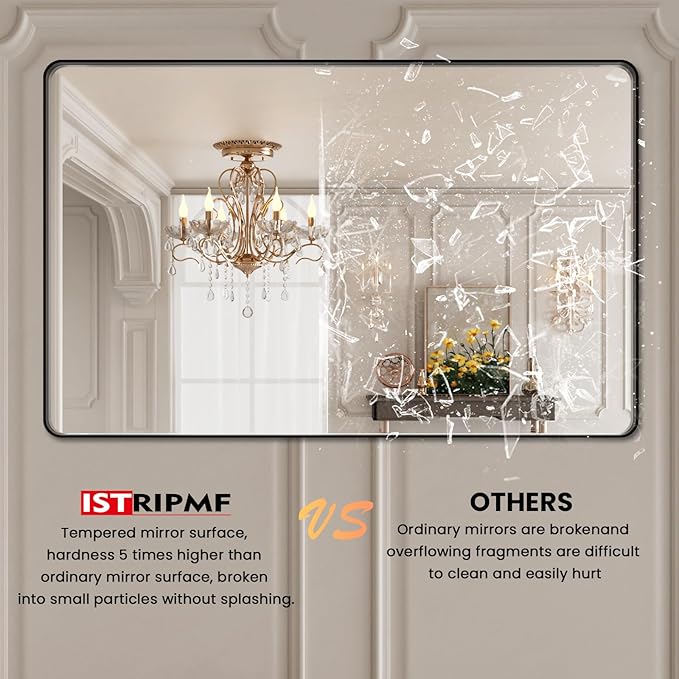 48x30 Inch Black Bthroom Mirror,Black Metal Frame Vanity Mirror,Rounded Rectangular Matte Black Wall Mirrors,Tempered Glass,Anti-Rust,Horizontal or Vertical