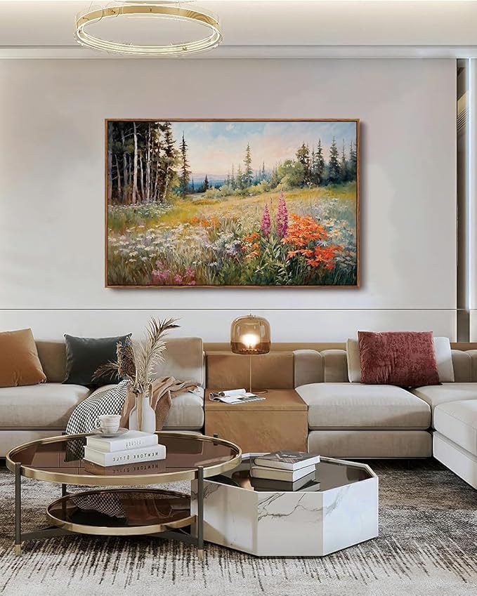 KISSFOX Vintage Framed Wall Art Mountain Meadow Wildflower Landscape Colorful Canvas Art Nature Serene Countryside Paintings Artwork Farmhouse Rustic Art Prints For Bedroom Bathroom Living Room