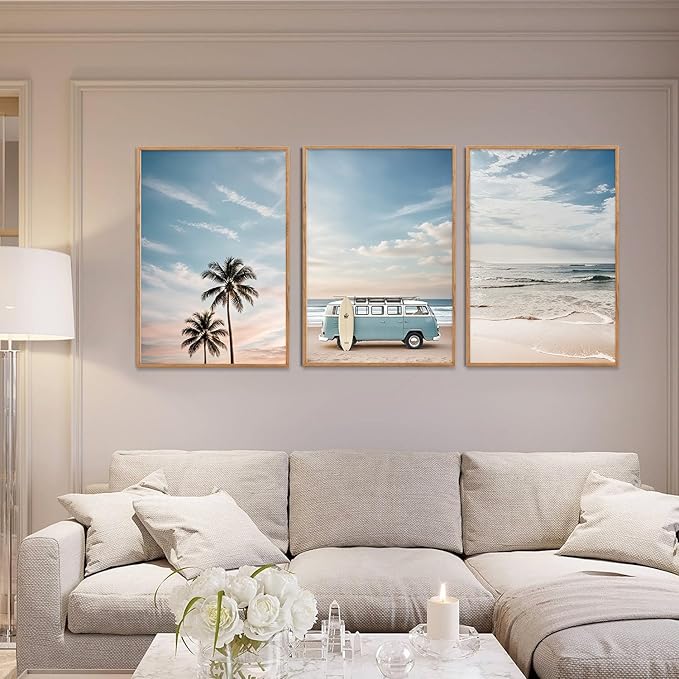 Ausril Large Ocean Beach Framed Canvas Wall Art Set, Bus and Palm Tree Wall Decor, Coastal Beach Surfboard Wall Painting, Modern Seaside Art Prints for Living Room, Bedroom, Dining Room - 24"x36"x3