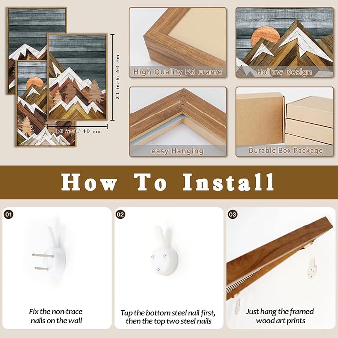 BINCUE Rustic Mountain Canvas Wall Picture Framed Wall Art for Office Living Room Bedroom 16x24 Inches Set of 3