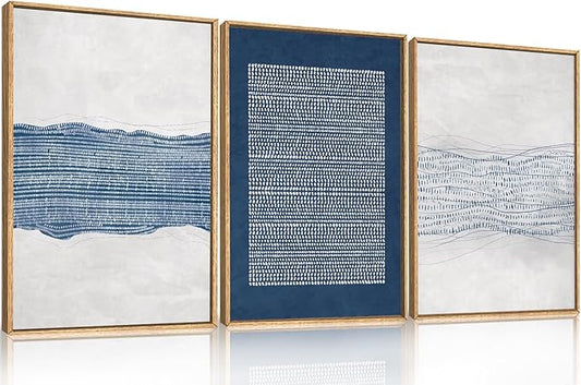 Large Abstract Navy Blue and White Framed Canvas Wall Art,Minimalist Boho Waves Lines Wall Decor,Modern Mid Century Artwork,Neutral Geometric Art Print for Living Room,Bedroom,Office- 24"x36"x3