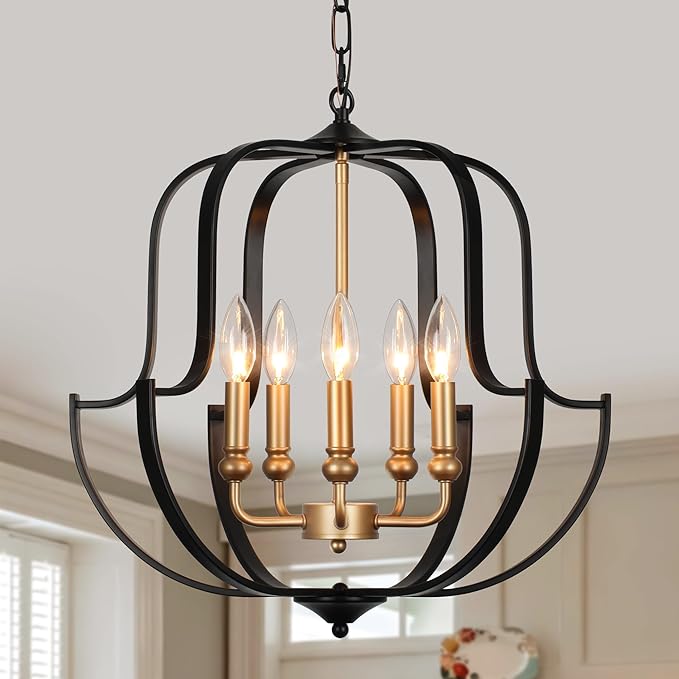 19" Black and Gold Chandelier for Dining Room, 5-Light Rustic Farmhouse Chandeliers Modern Industrial Hanging Pendant Light for Kitchen Entryway Hallway Foyer Living Room