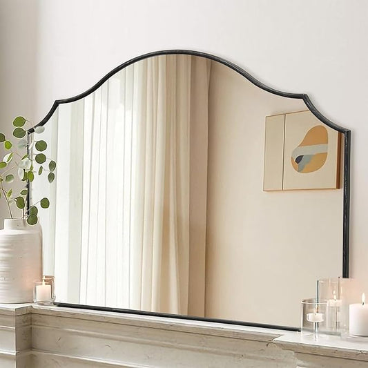 Black Scalloped Wall Mirror: 40"x29" Large Modern Minimalist Vanity Arched Mirror for Home Decor/Living Room/Bedroom/Fireplace/Mantle/Entryway