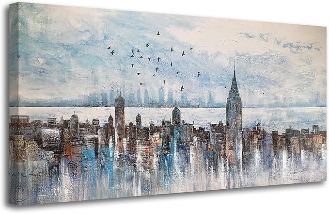 Arjun Cityscape Wall Art New York City Skyline Picture Modern Abstract Grey NYC Skyline Painting Framed Artwork for Bedroom Living Room Home Office Decor, Large 40"x20"