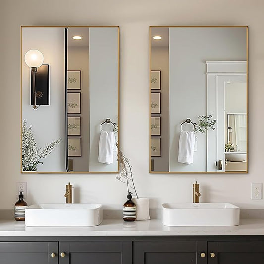 2-Pack Gold Bathroom Mirrors Over Sink 30 x 48 Inch Wall Mounted Aluminum Frame Rectangle Mirror Modern Farmhouse Vanity Mirror