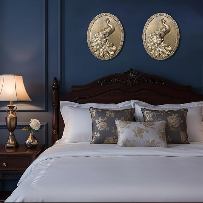 Newinhome Vintage Peacock Wall Sculpture Antique Wall Decor, Hand Painted Wall Decoration with Embossed Peacock Design, Gold Decor for Bedroom Living Room Hallway, Housewarming Gift