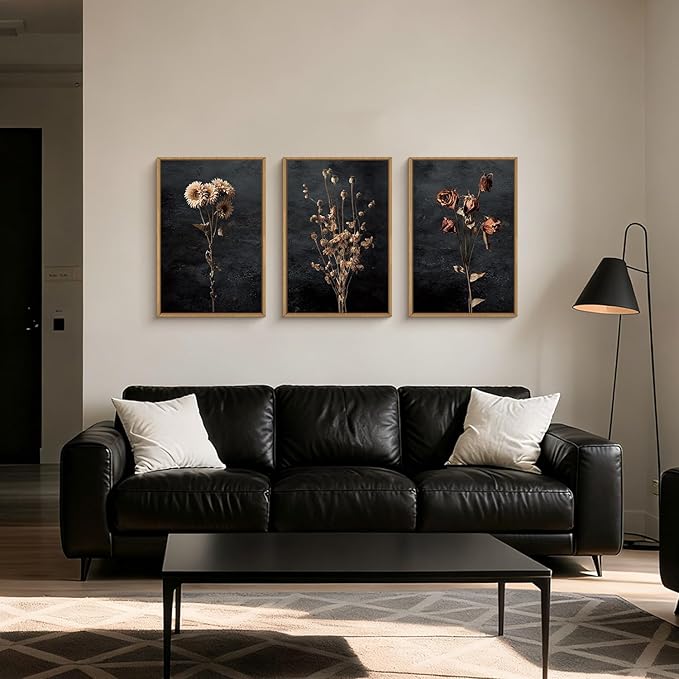 Large Moody Dark Floral Framed Canvas Wall Art,Vintage Dried Flowers Wall Decor,Modern Retro Wildflowers Artwork,Mid Century Boho Botanical Art Print for Living Room,Bedroom,Office-16 x24 x3